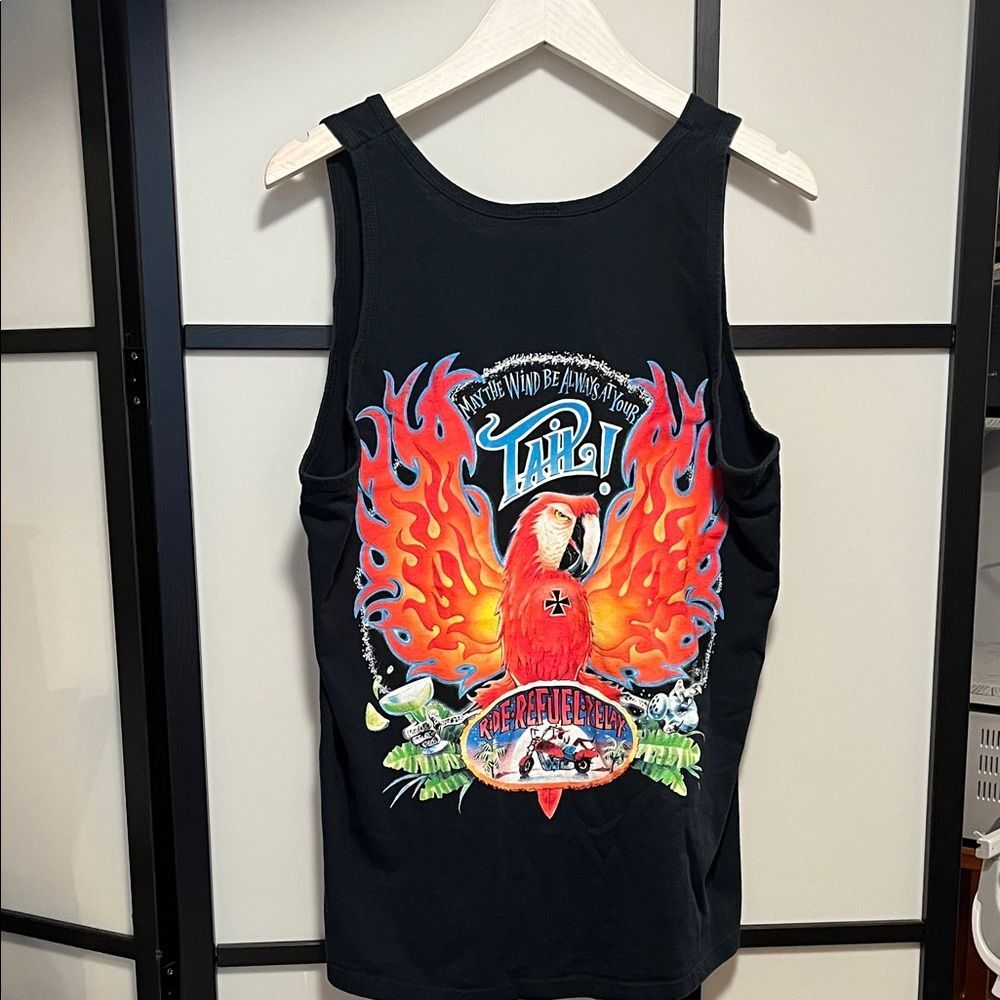 Ride Refuel Relax Motorcycle Black Tank Top with Colorful Parrot Graphic Large